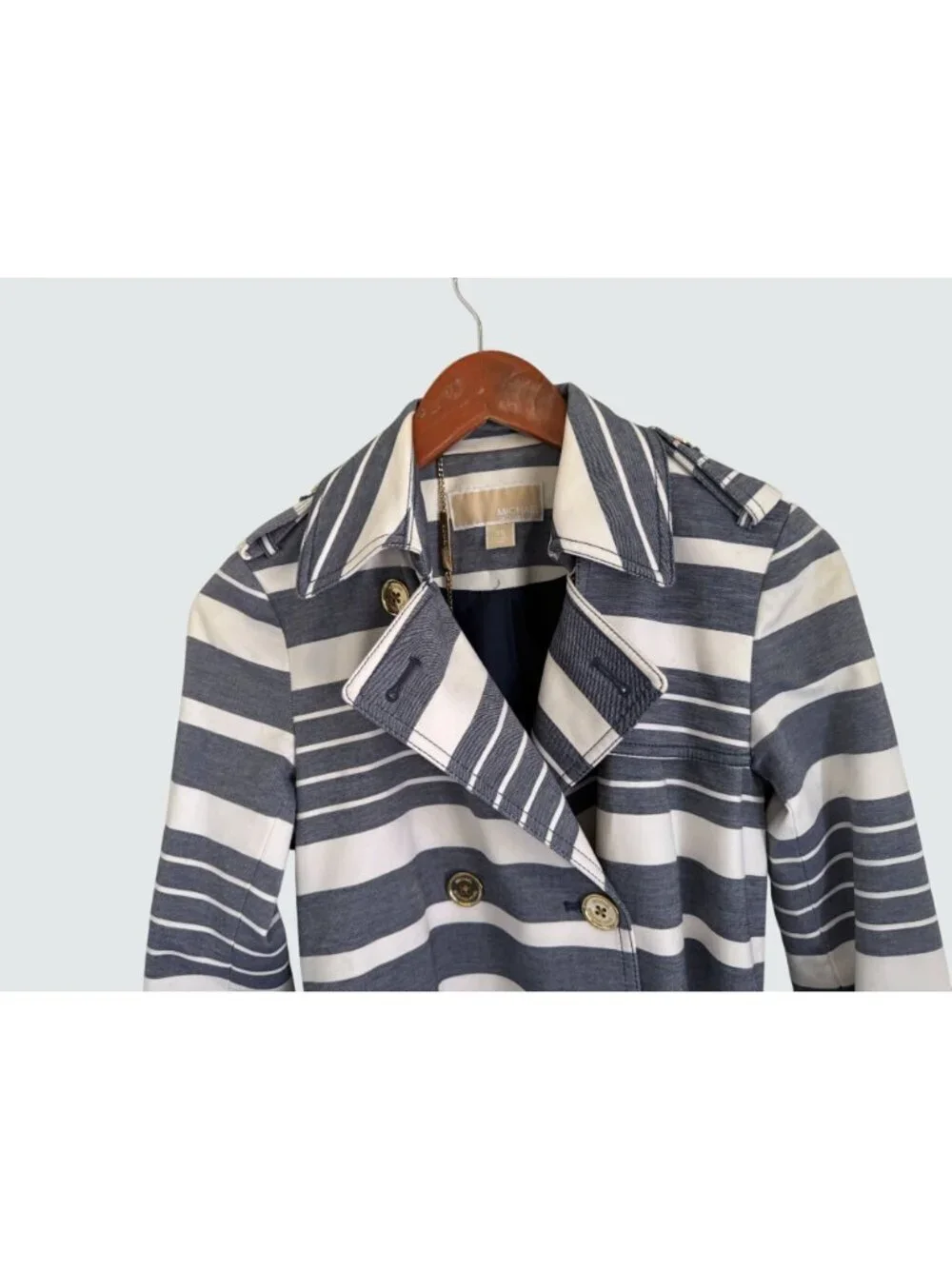 Michael Kors Womens Striped Double-Breasted Trench Coat XS Navy White Coral
